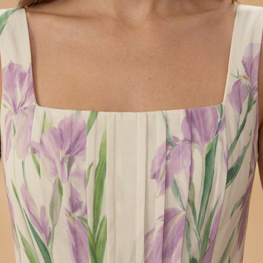 Maxi Dress with Square Neckline and Pleats for Women