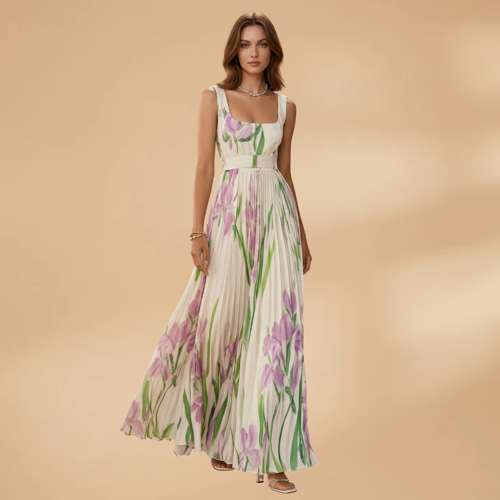 Maxi Dress with Square Neckline and Pleats for Women