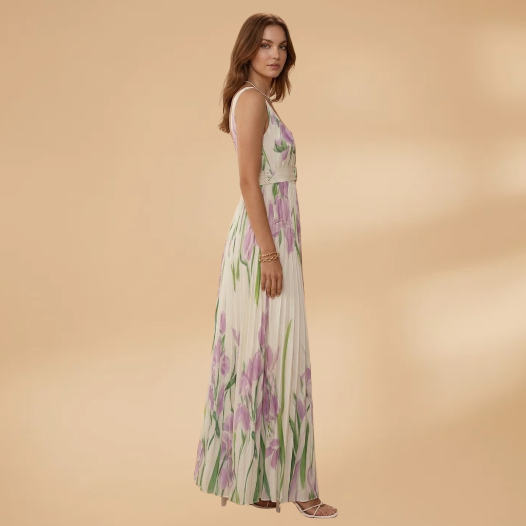 Maxi Dress with Square Neckline and Pleats for Women