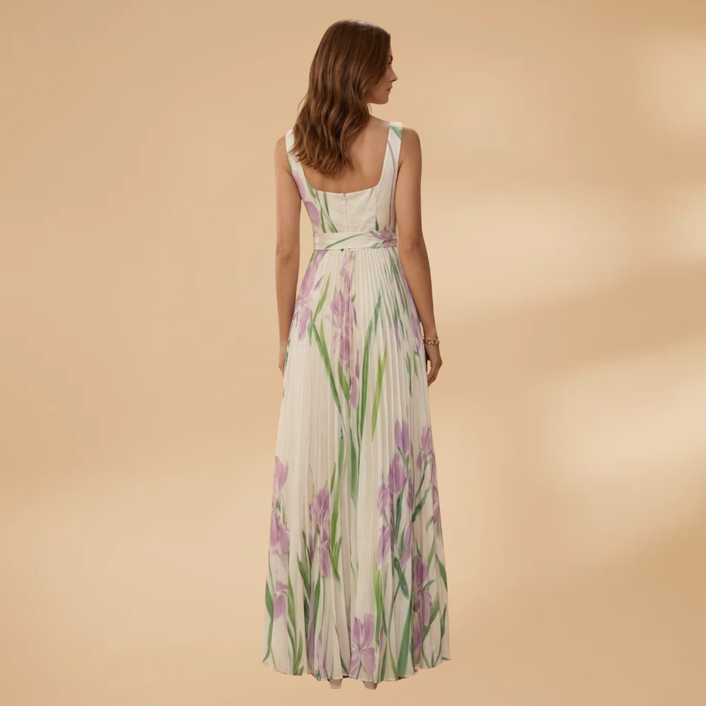 Maxi Dress with Square Neckline and Pleats for Women