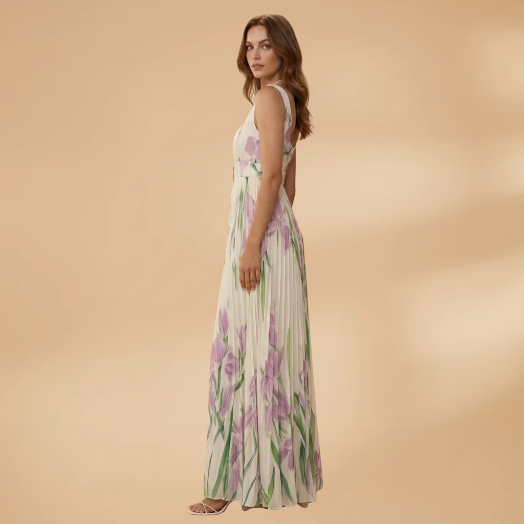 Maxi Dress with Square Neckline and Pleats for Women