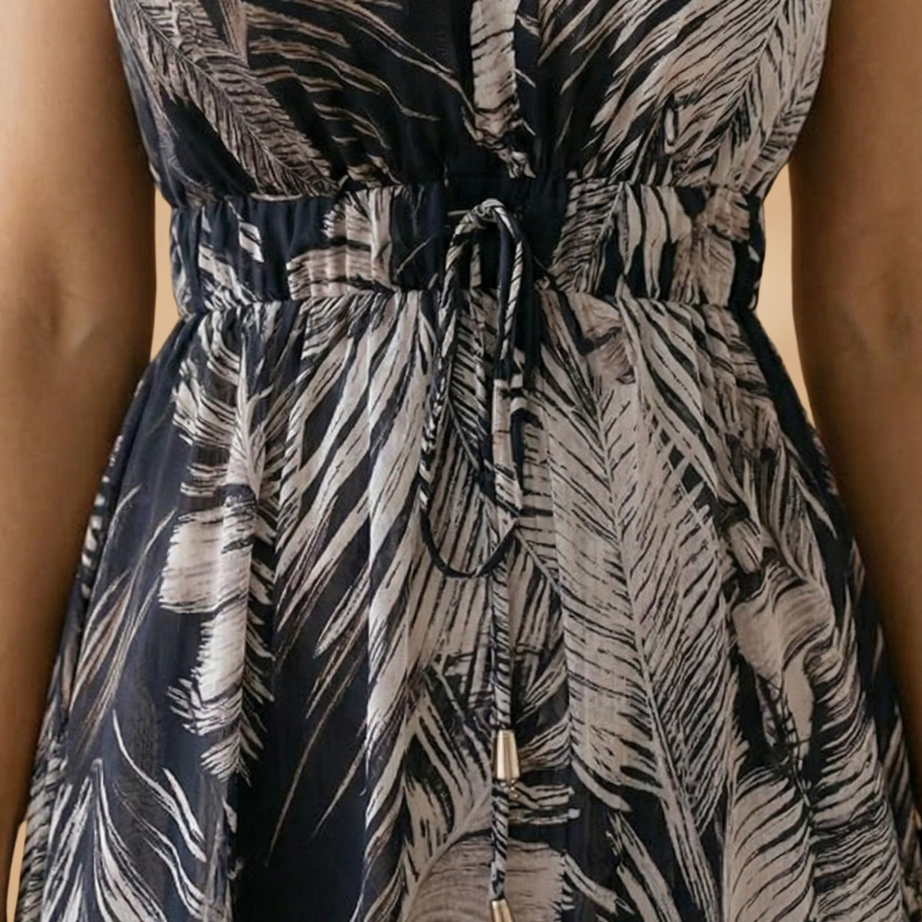 Maxi Dress with Tropical Print and V-Neckline for Women
