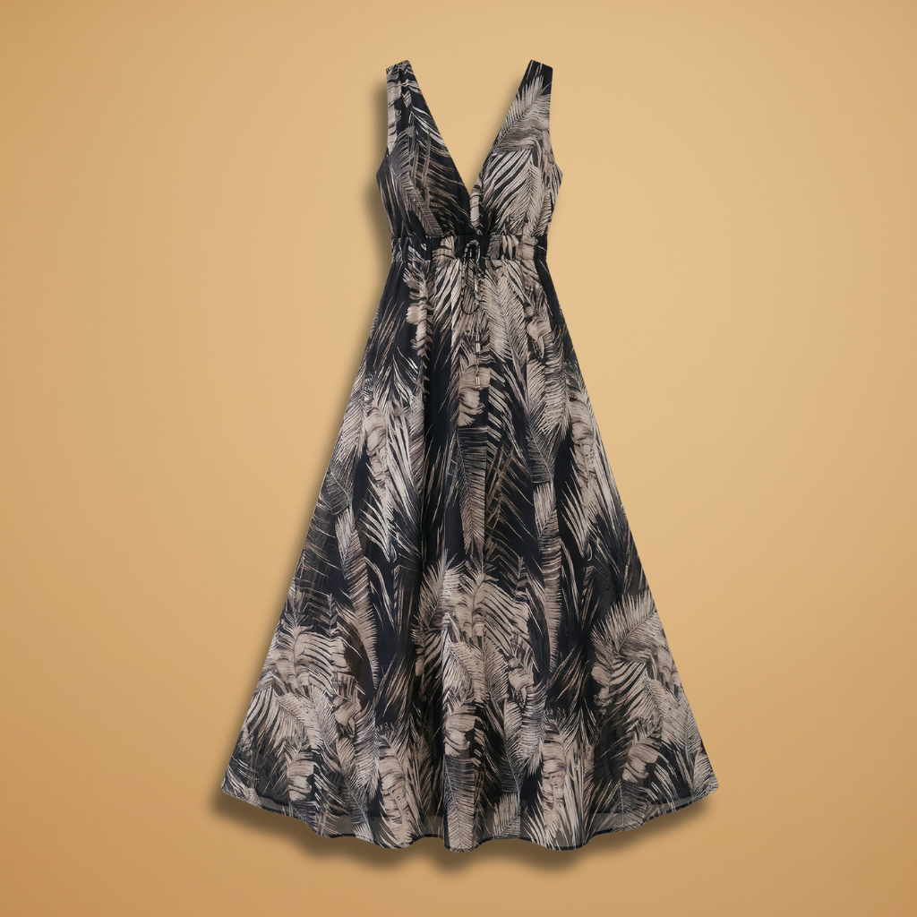 Maxi Dress with Tropical Print and V-Neckline for Women