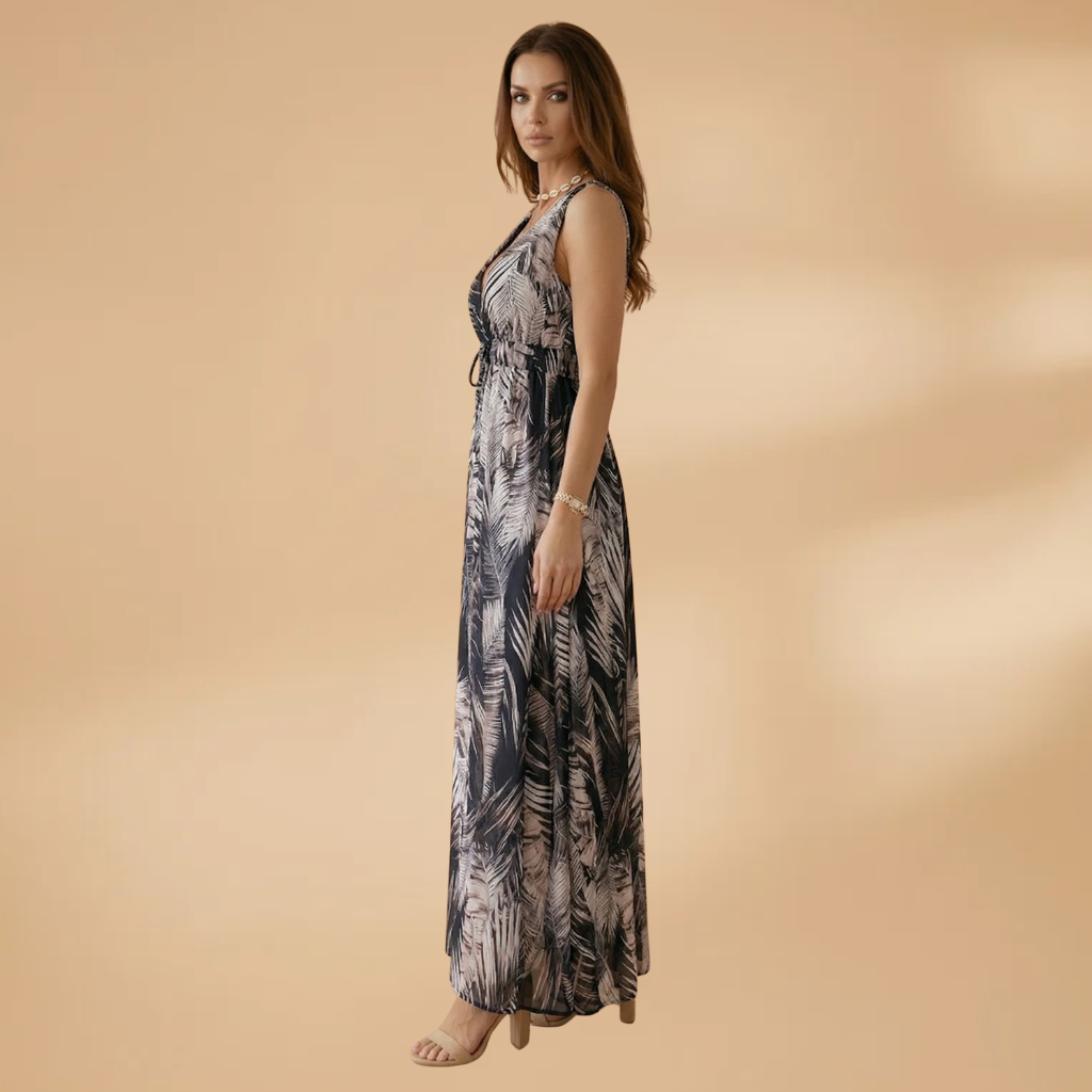 Maxi Dress with Tropical Print and V-Neckline for Women