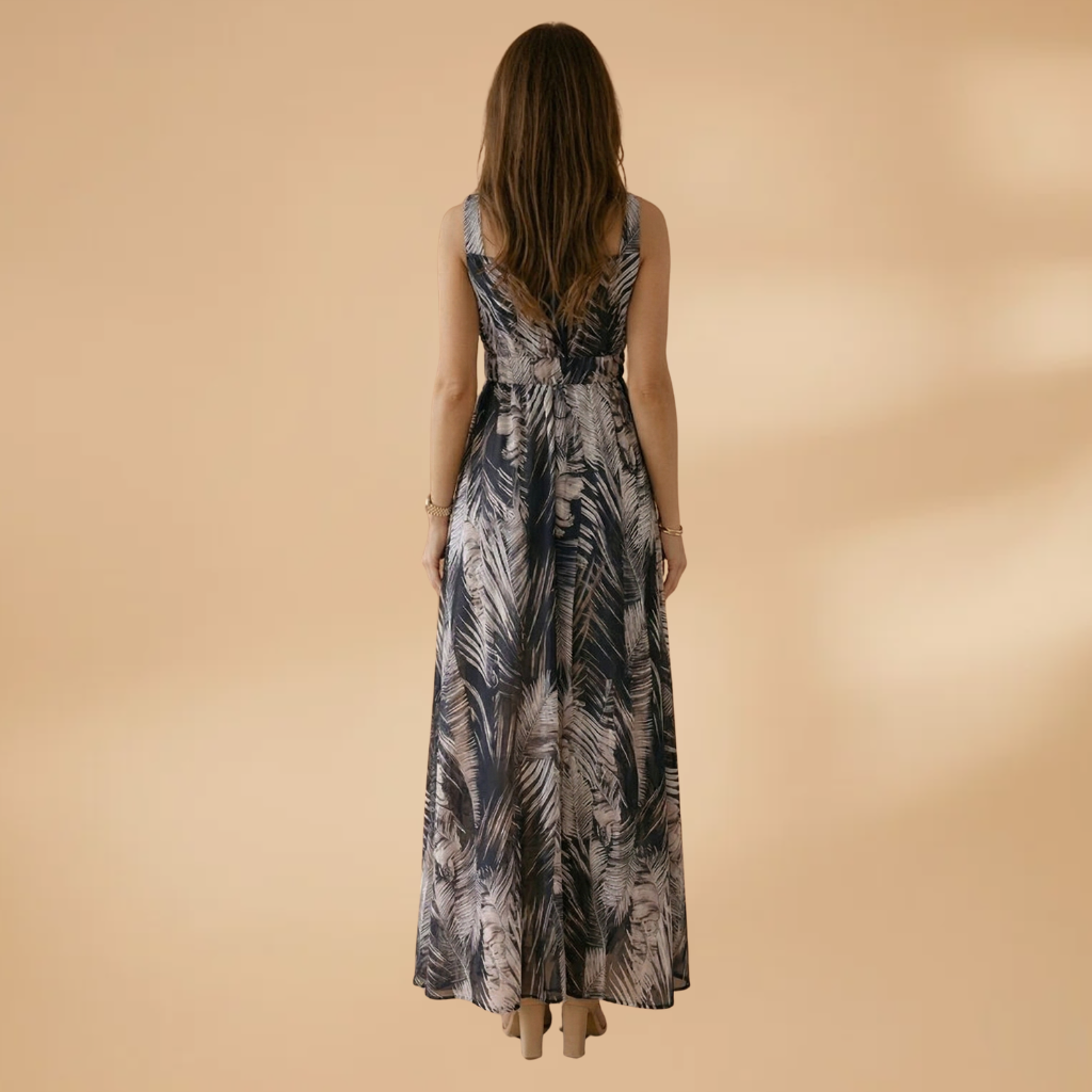 Maxi Dress with Tropical Print and V-Neckline for Women