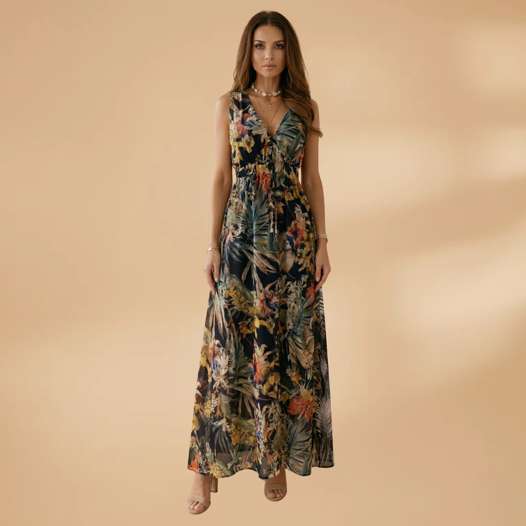 Maxi Dress with Tropical Print and V-Neckline for Women