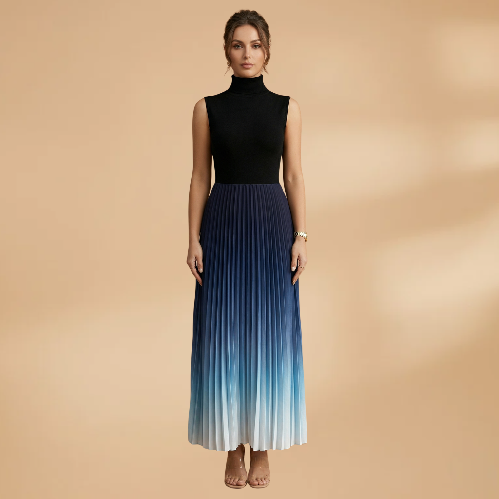 Sleeveless Evening Maxi Dress with Pleated Skirt and Ombre Surface for Women