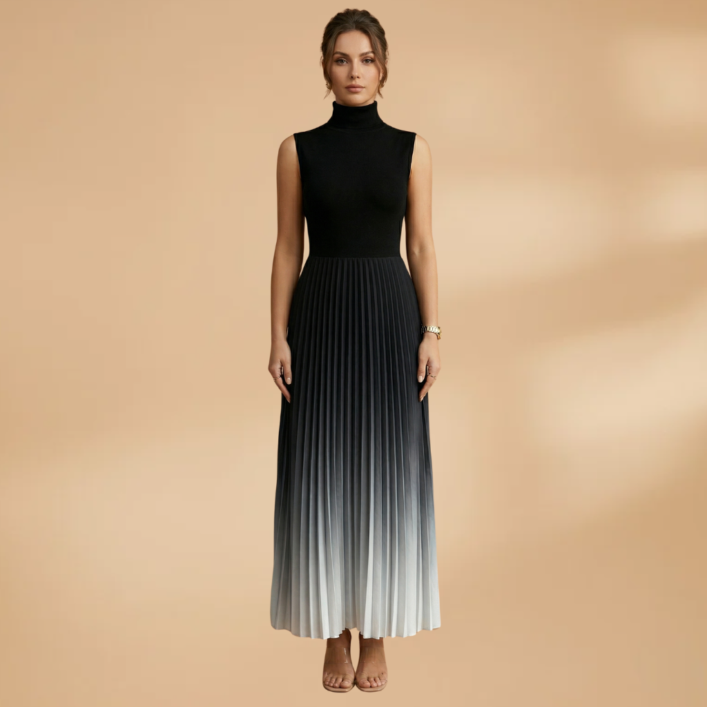 Sleeveless Evening Maxi Dress with Pleated Skirt and Ombre Surface for Women