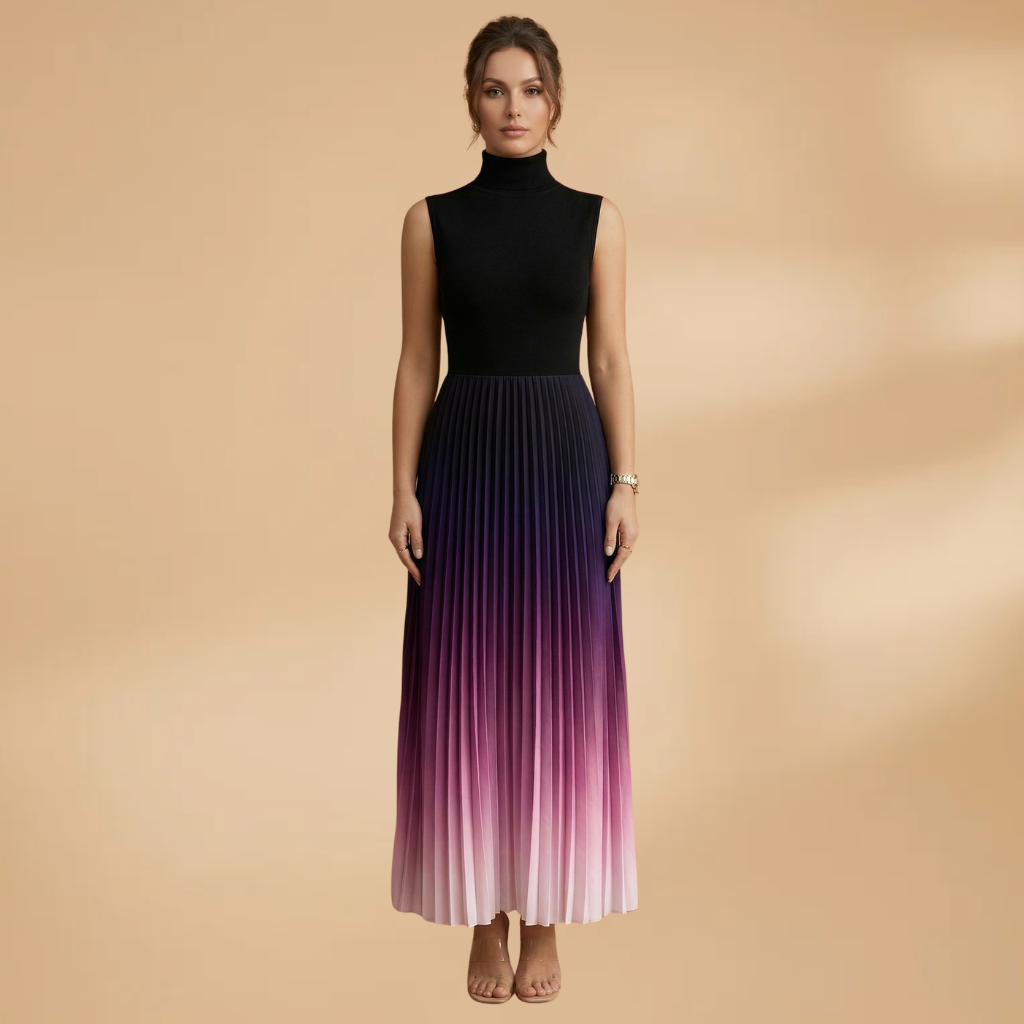 Sleeveless Evening Maxi Dress with Pleated Skirt and Ombre Surface for Women