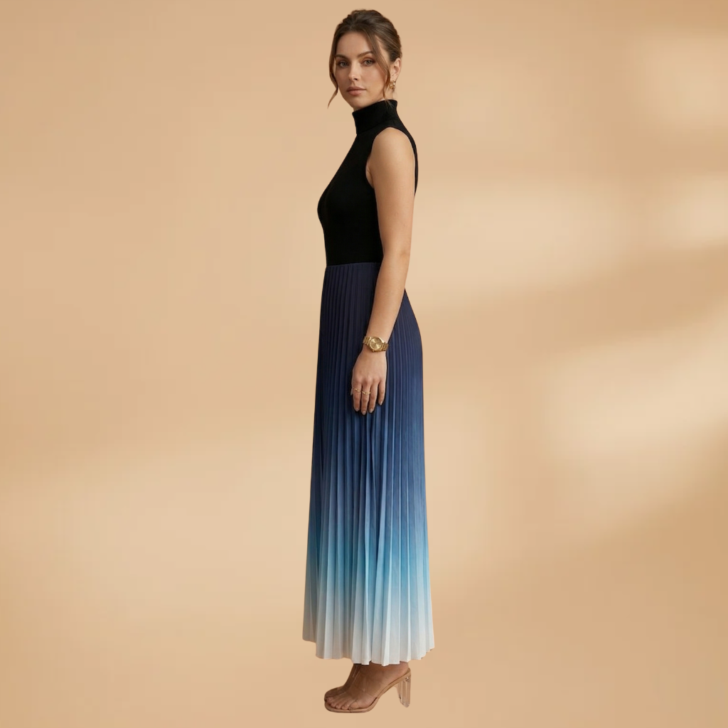 Sleeveless Evening Maxi Dress with Pleated Skirt and Ombre Surface for Women