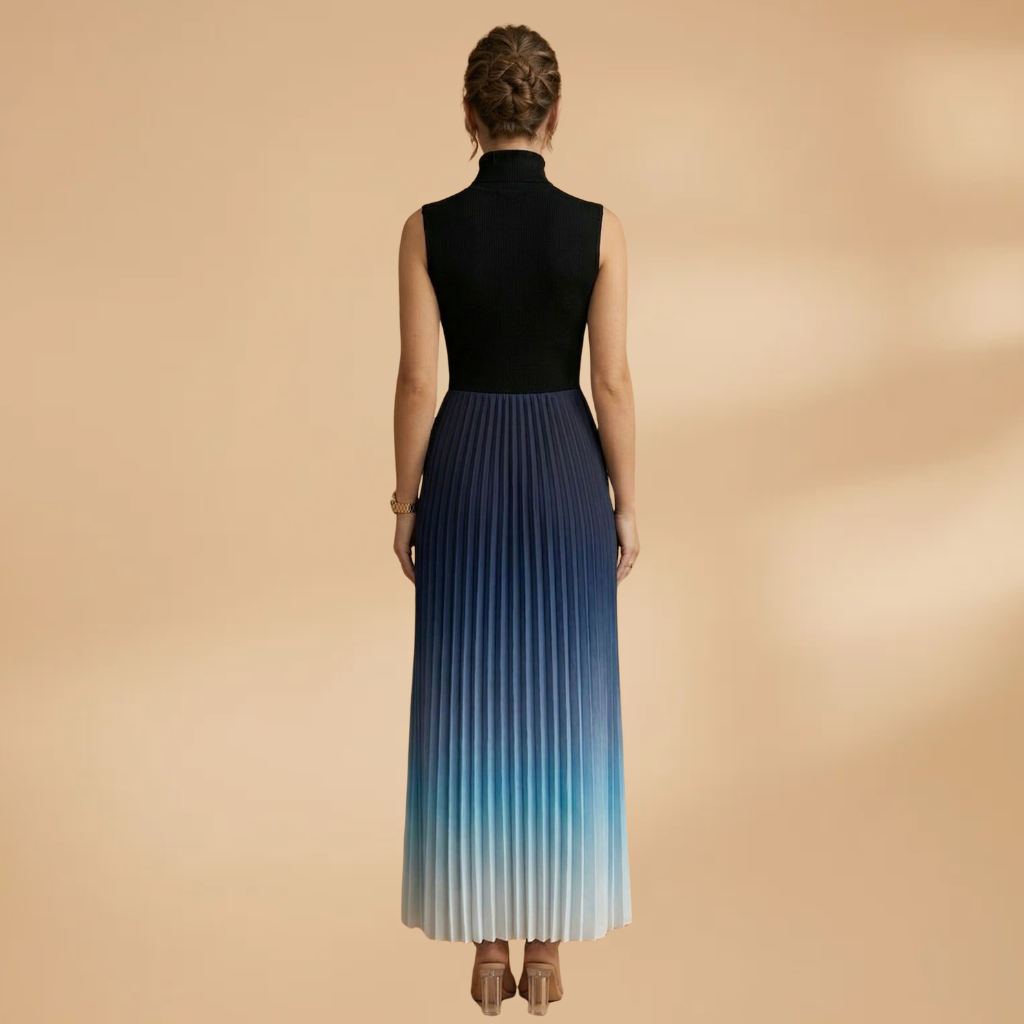 Sleeveless Evening Maxi Dress with Pleated Skirt and Ombre Surface for Women