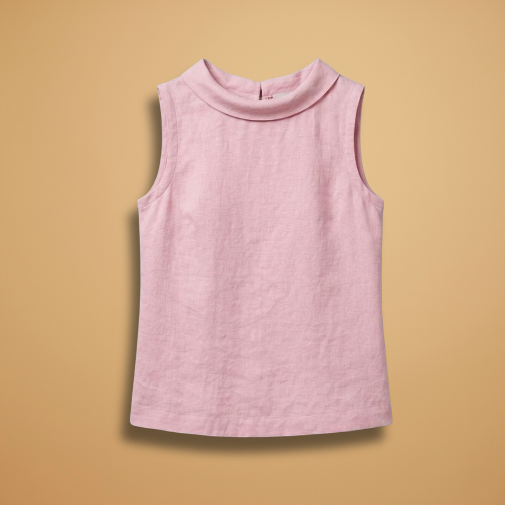 Sleeveless Top with Rolled Neckline and Woven Surface for Women