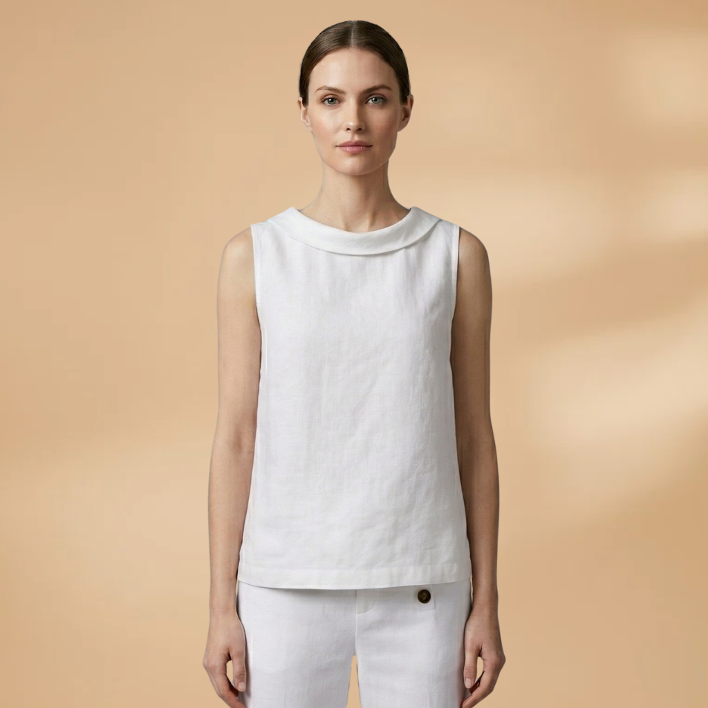 Sleeveless Top with Rolled Neckline and Woven Surface for Women