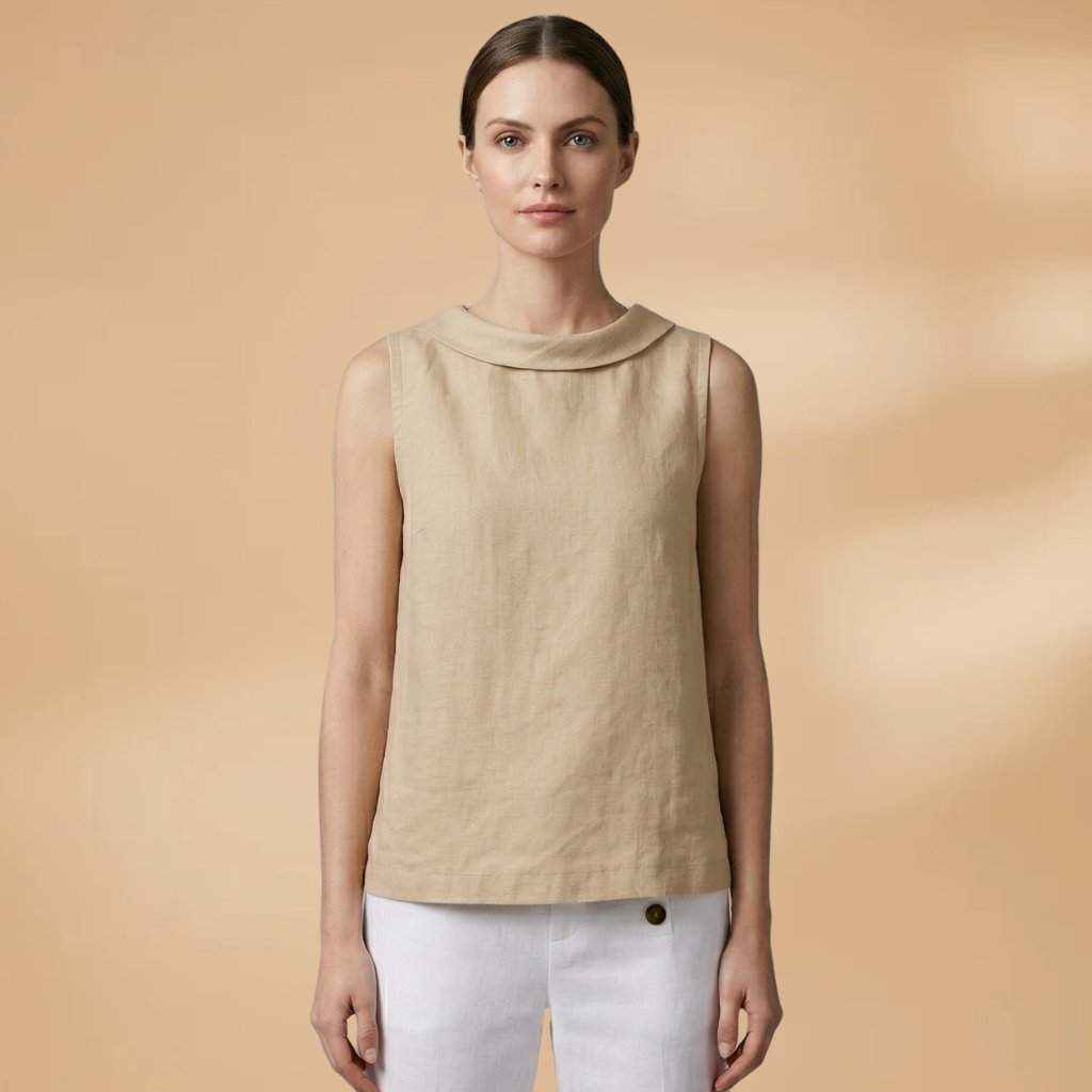 Sleeveless Top with Rolled Neckline and Woven Surface for Women