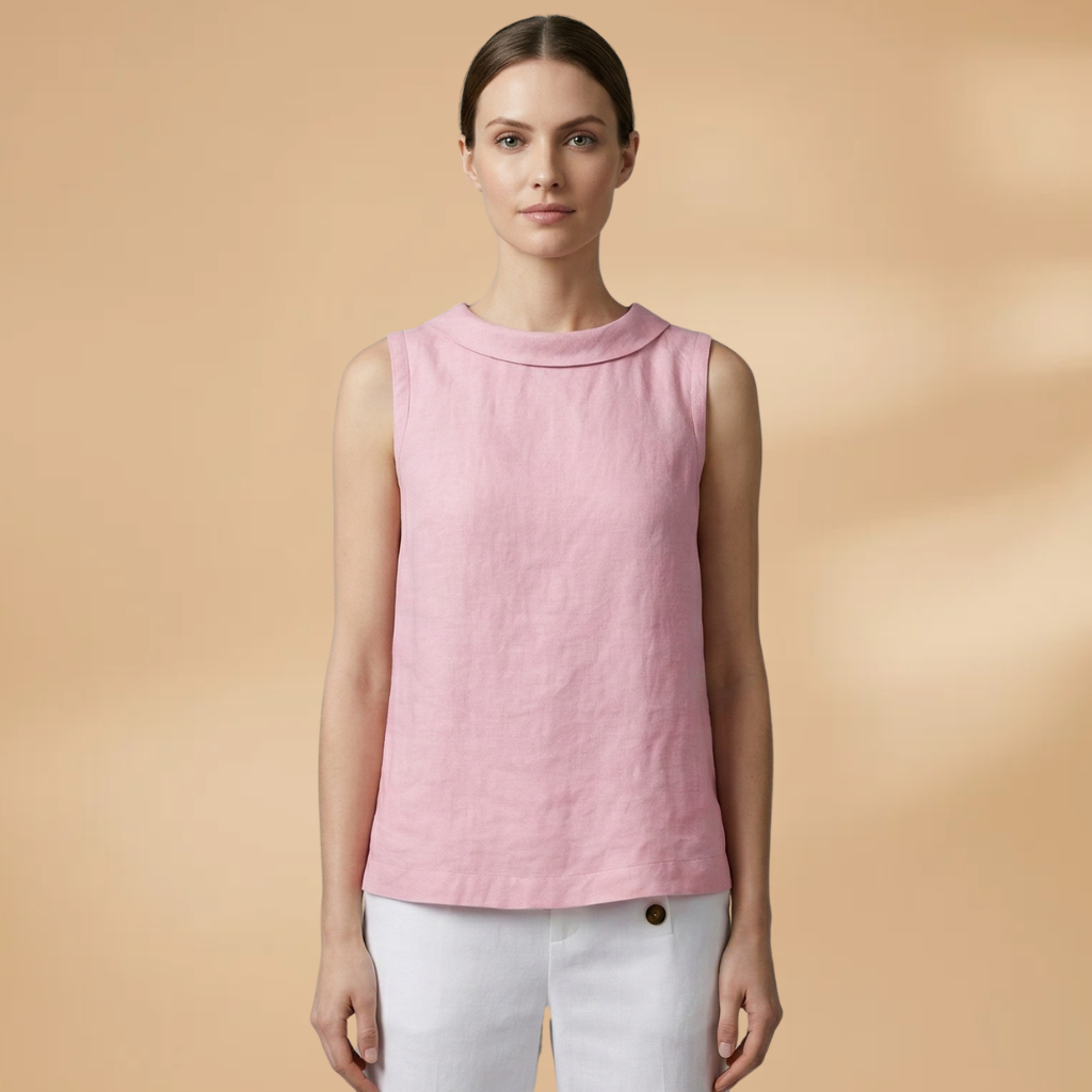 Sleeveless Top with Rolled Neckline and Woven Surface for Women