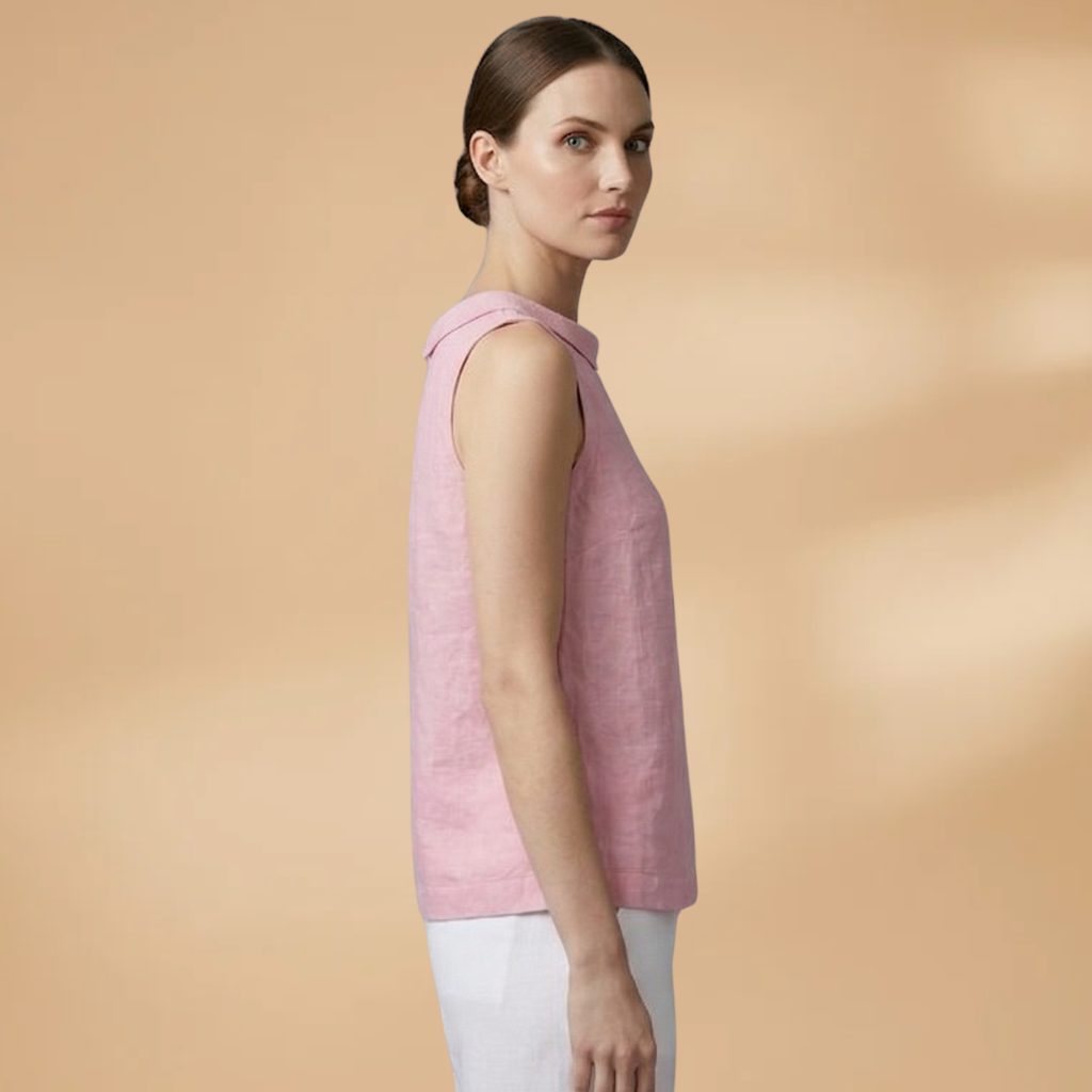 Sleeveless Top with Rolled Neckline and Woven Surface for Women