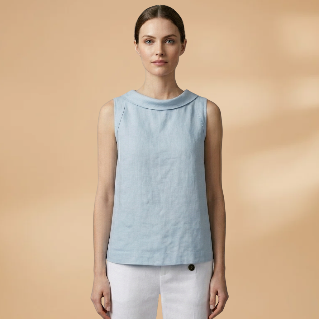Sleeveless Top with Rolled Neckline and Woven Surface for Women