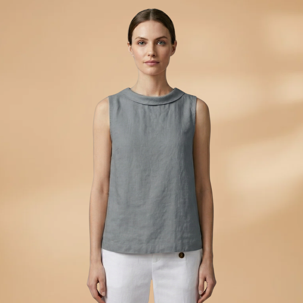 Sleeveless Top with Rolled Neckline and Woven Surface for Women