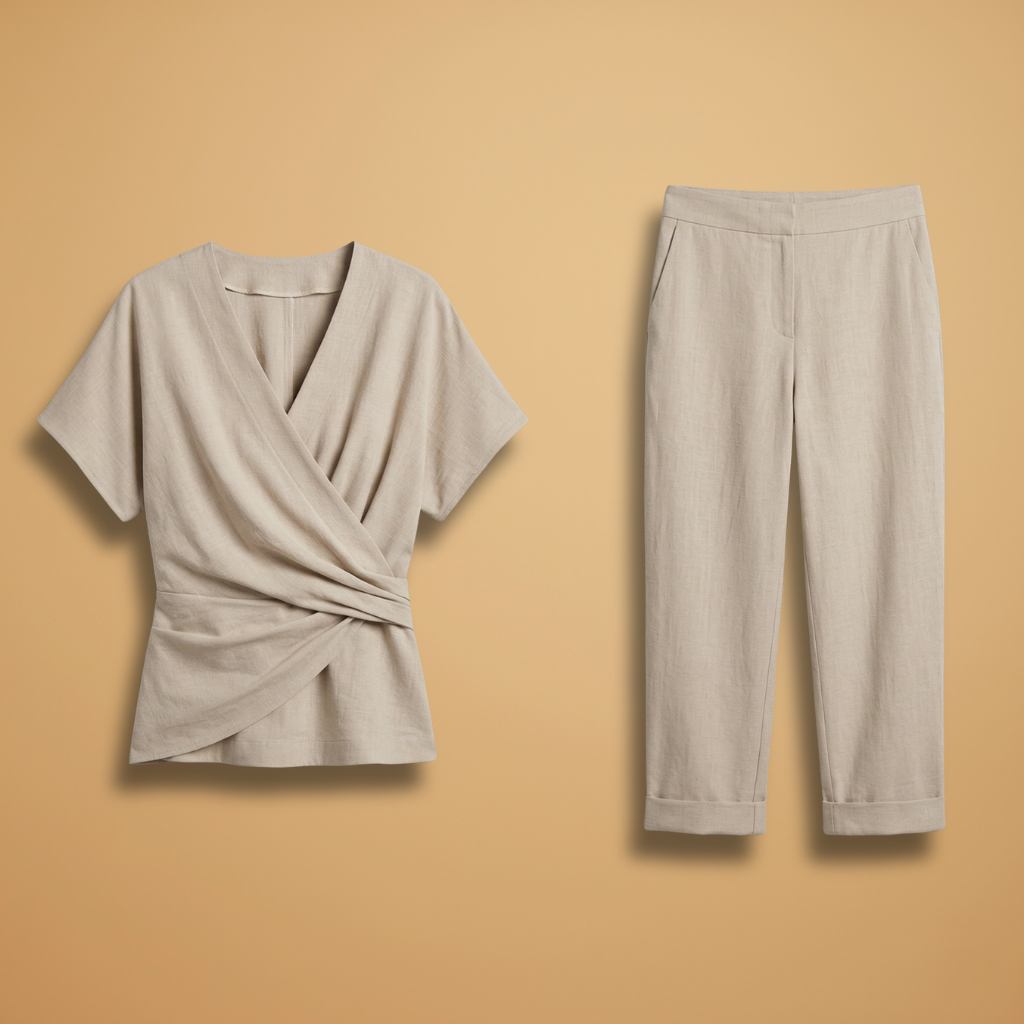 Two-Piece Set with Wrap Top and Cropped Trousers for Women