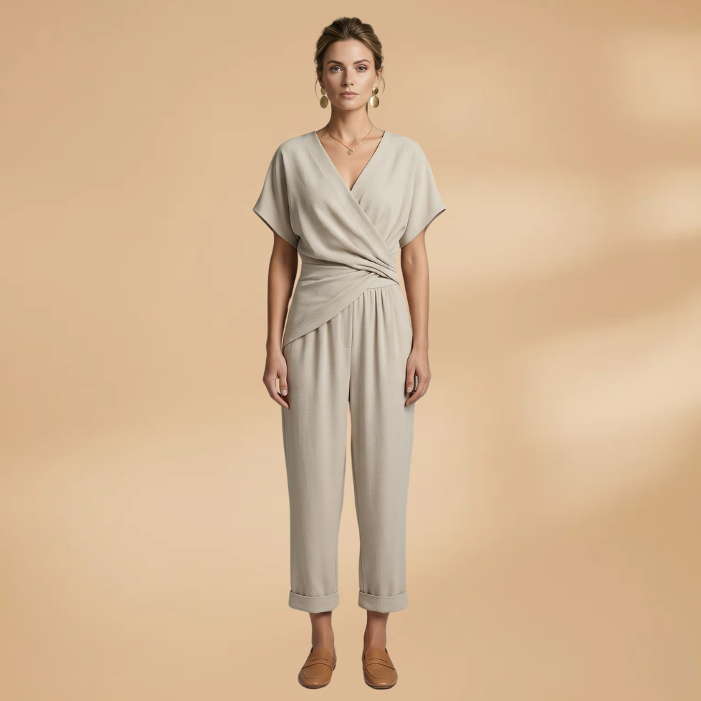 Two-Piece Set with Wrap Top and Cropped Trousers for Women