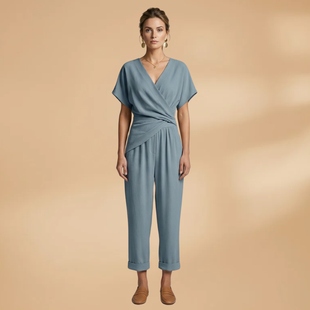 Two-Piece Set with Wrap Top and Cropped Trousers for Women