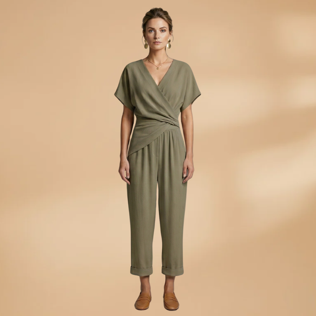 Two-Piece Set with Wrap Top and Cropped Trousers for Women