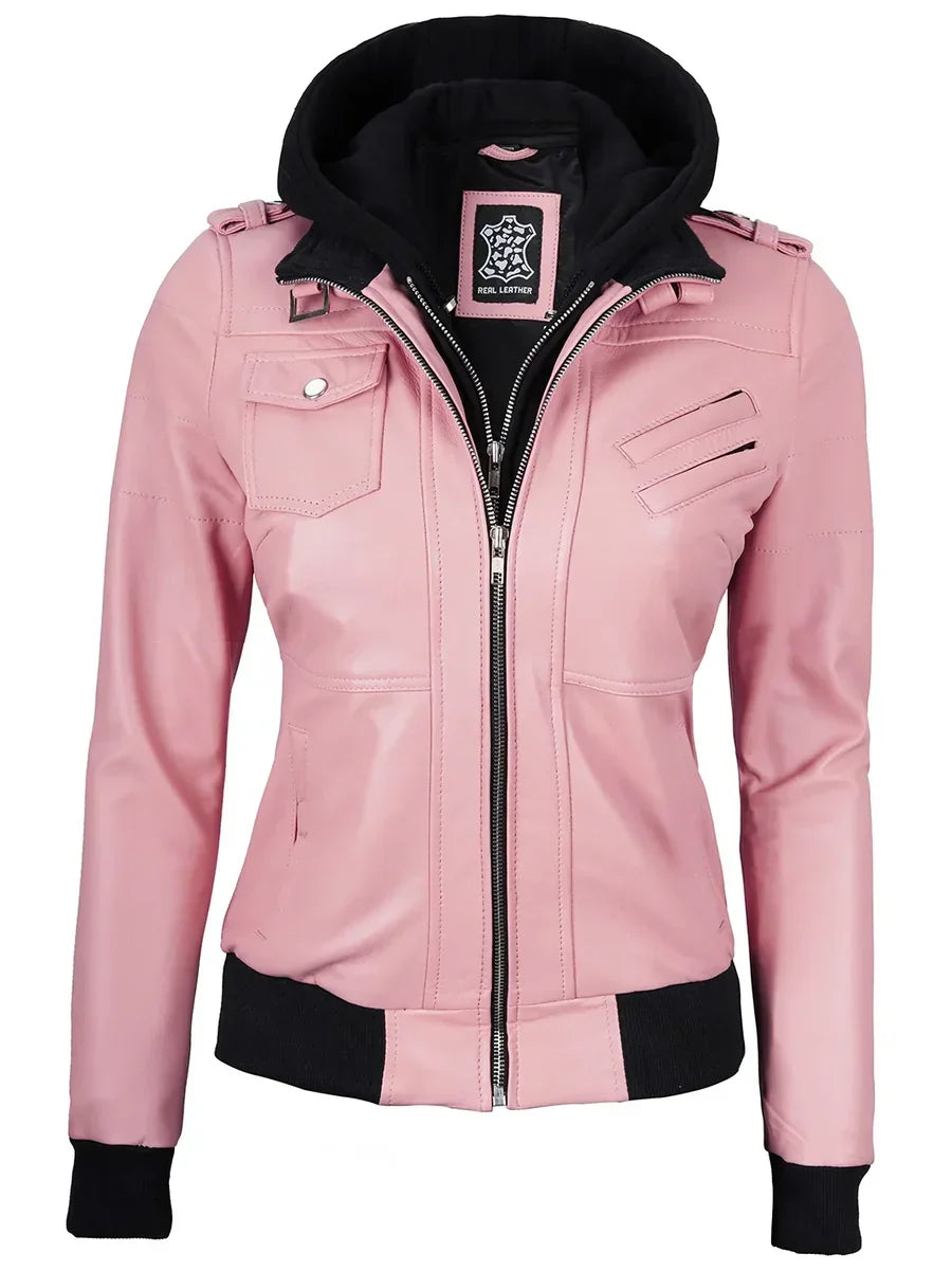 Women's Pink Leather Jacket with Detachable Hood