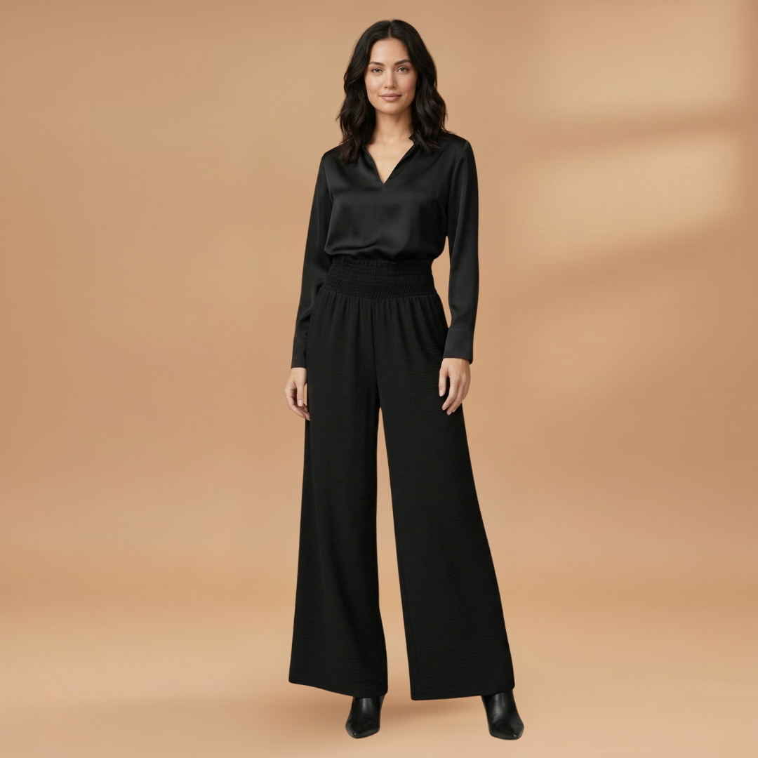 Womens Wide Leg Palazzo Pants - High Waisted Elastic Waistband with Side Slits