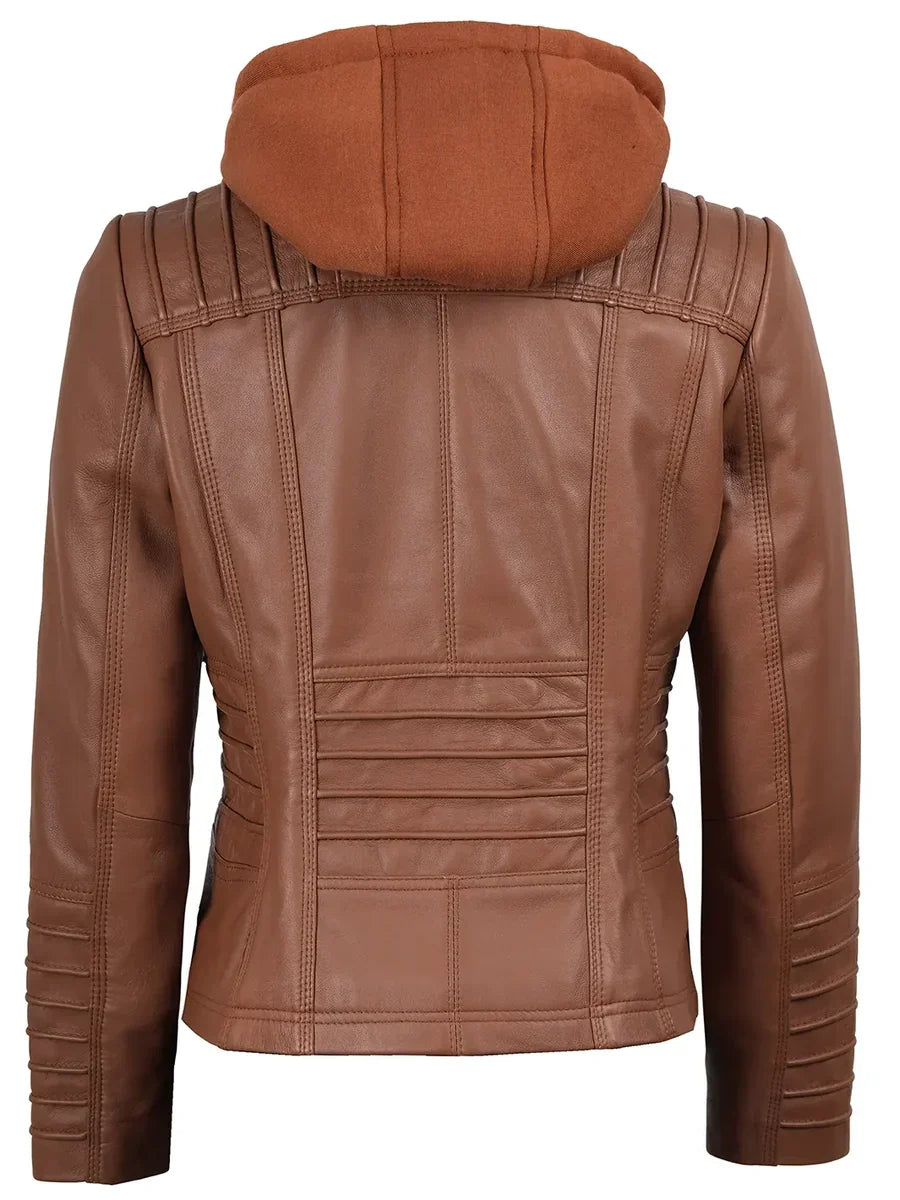 Women's Cognac Brown Leather Jacket with Detachable Hood