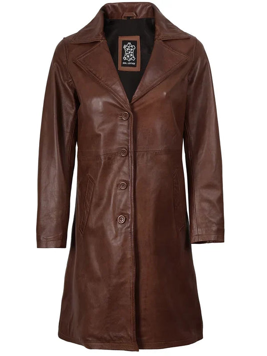 Women's Cognac Brown 3/4-Length Real Leather Coat