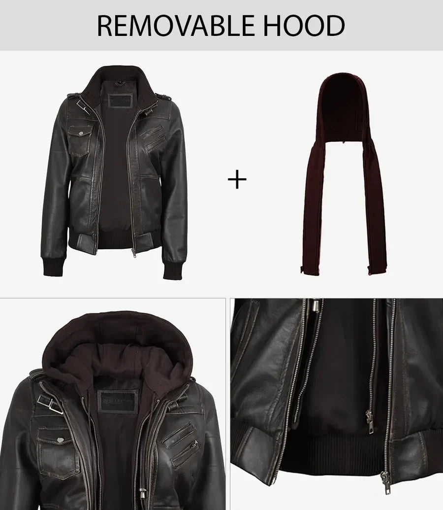 Women's Dark Brown Rub-Off Leather Jacket with Detachable Hood