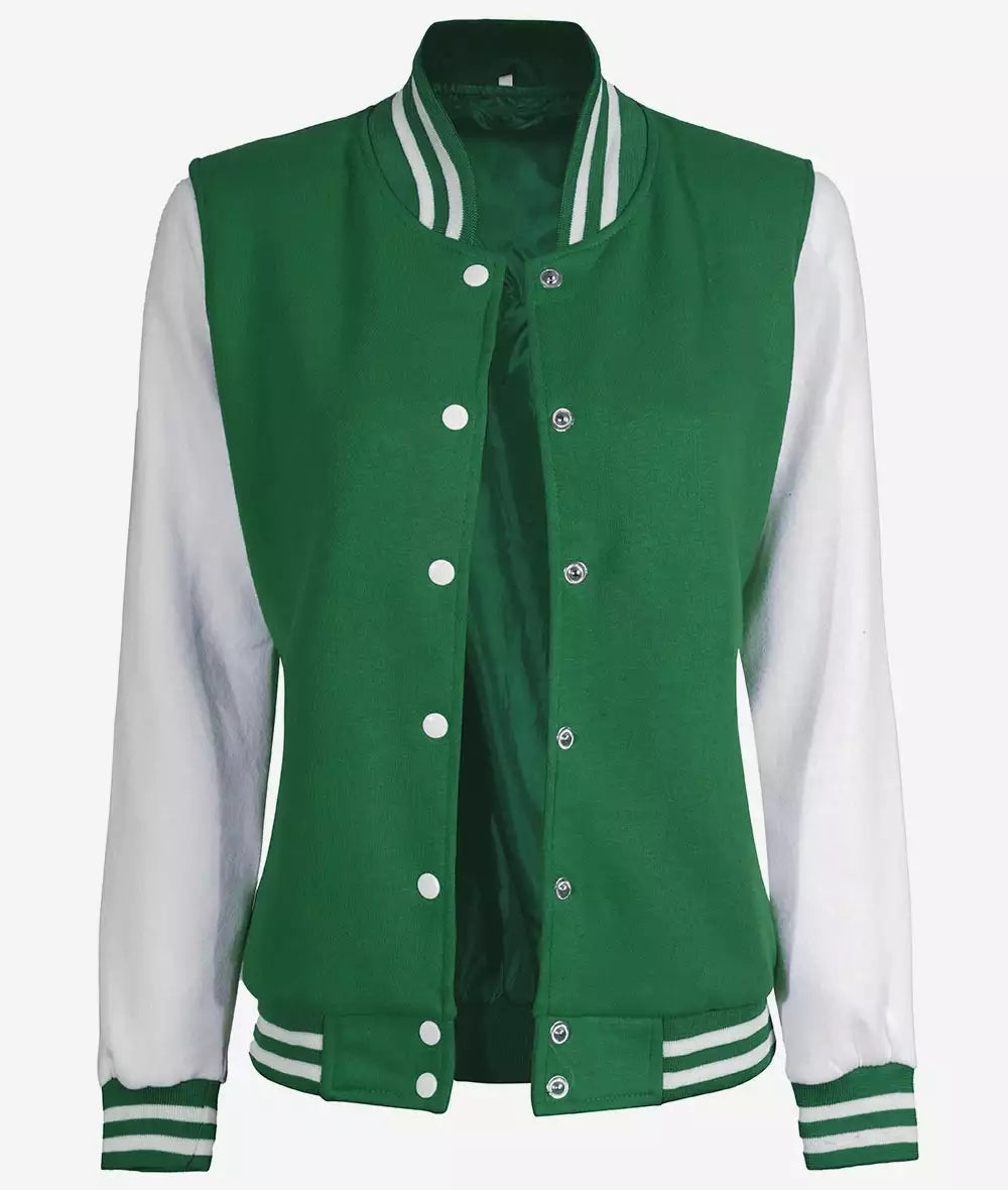 Women's Green and White Letterman Bomber Jacket – Baseball Style
