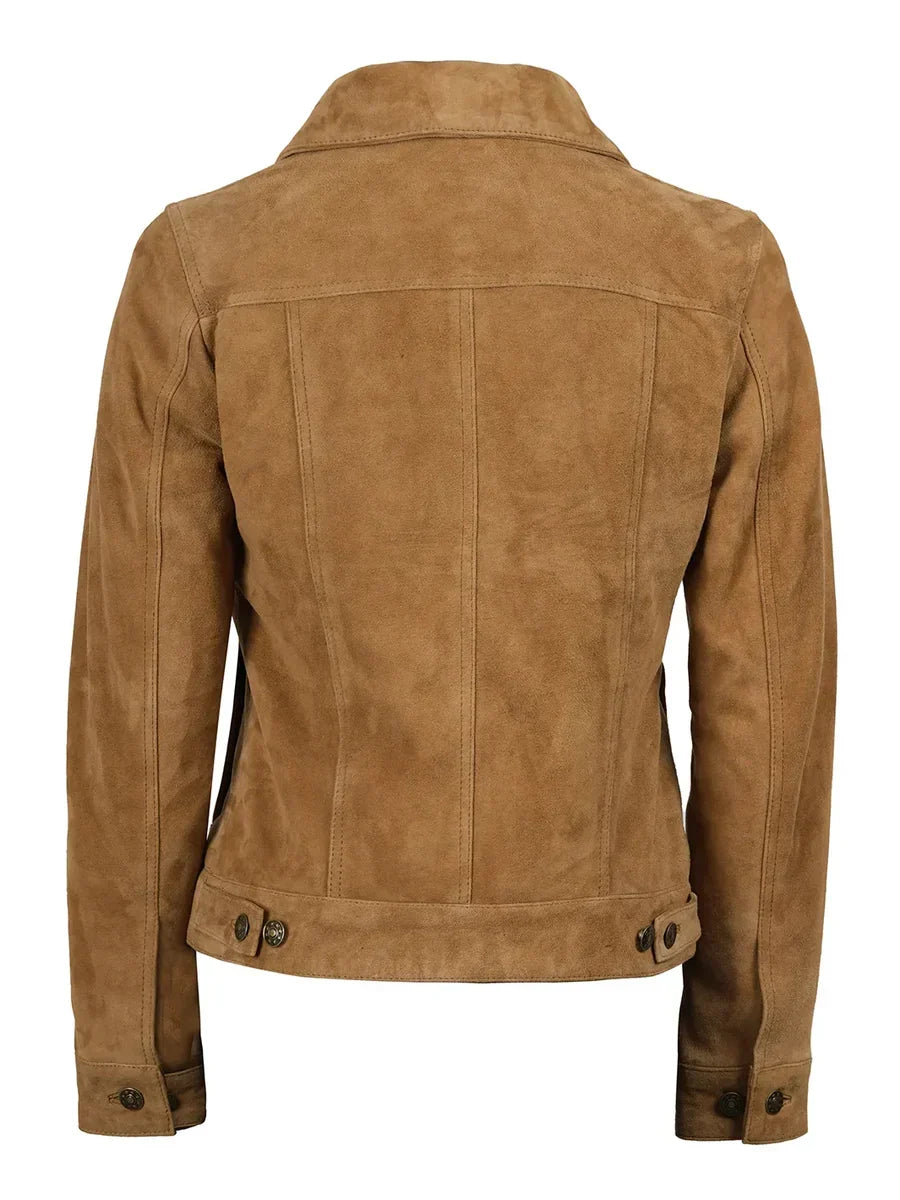 Women's Light Brown Suede Button-Front Trucker Jacket