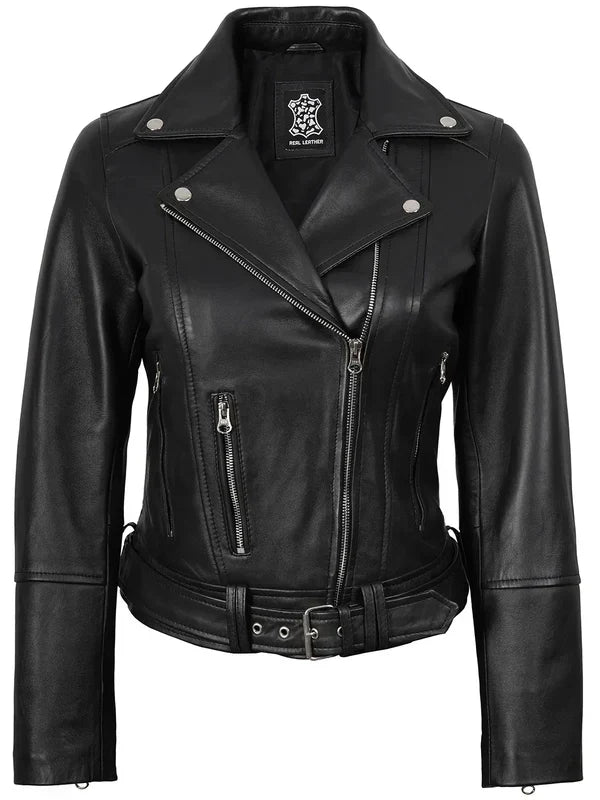 Women's Black Leather Biker Style Jacket with Asymmetrical Zip