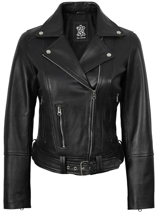 Women's Black Leather Biker Style Jacket with Asymmetrical Zip
