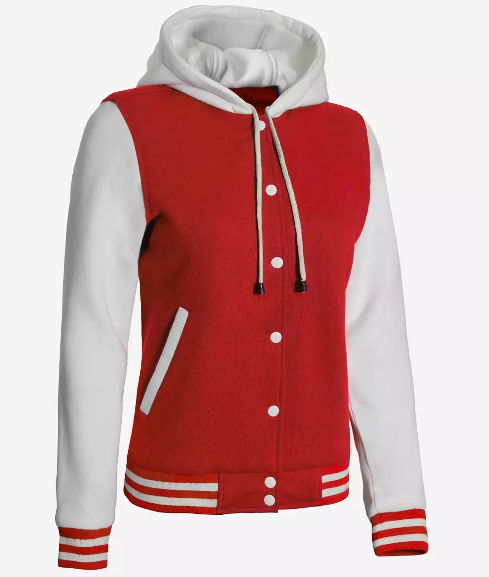 Women's Red and White Hooded Varsity Jacket – High School Baseball Style