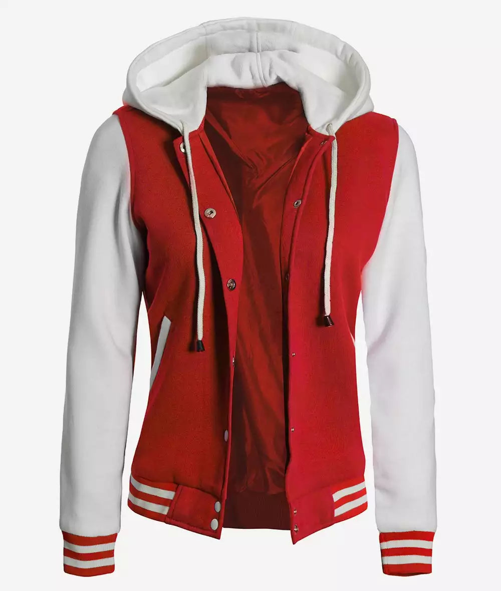 Women's Red and White Hooded Varsity Jacket – High School Baseball Style