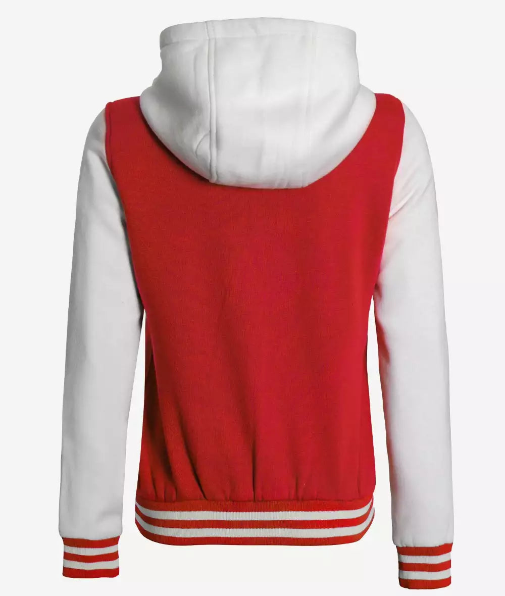 Women's Red and White Hooded Varsity Jacket – High School Baseball Style