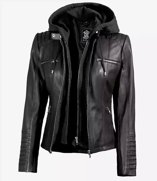 Women's Black Leather Jacket with Detachable Hood