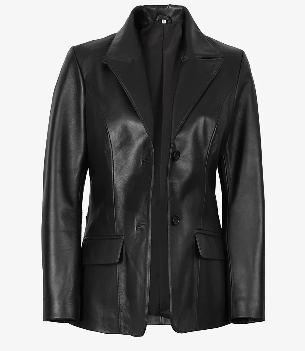 Women's Black Two-Button Leather Blazer