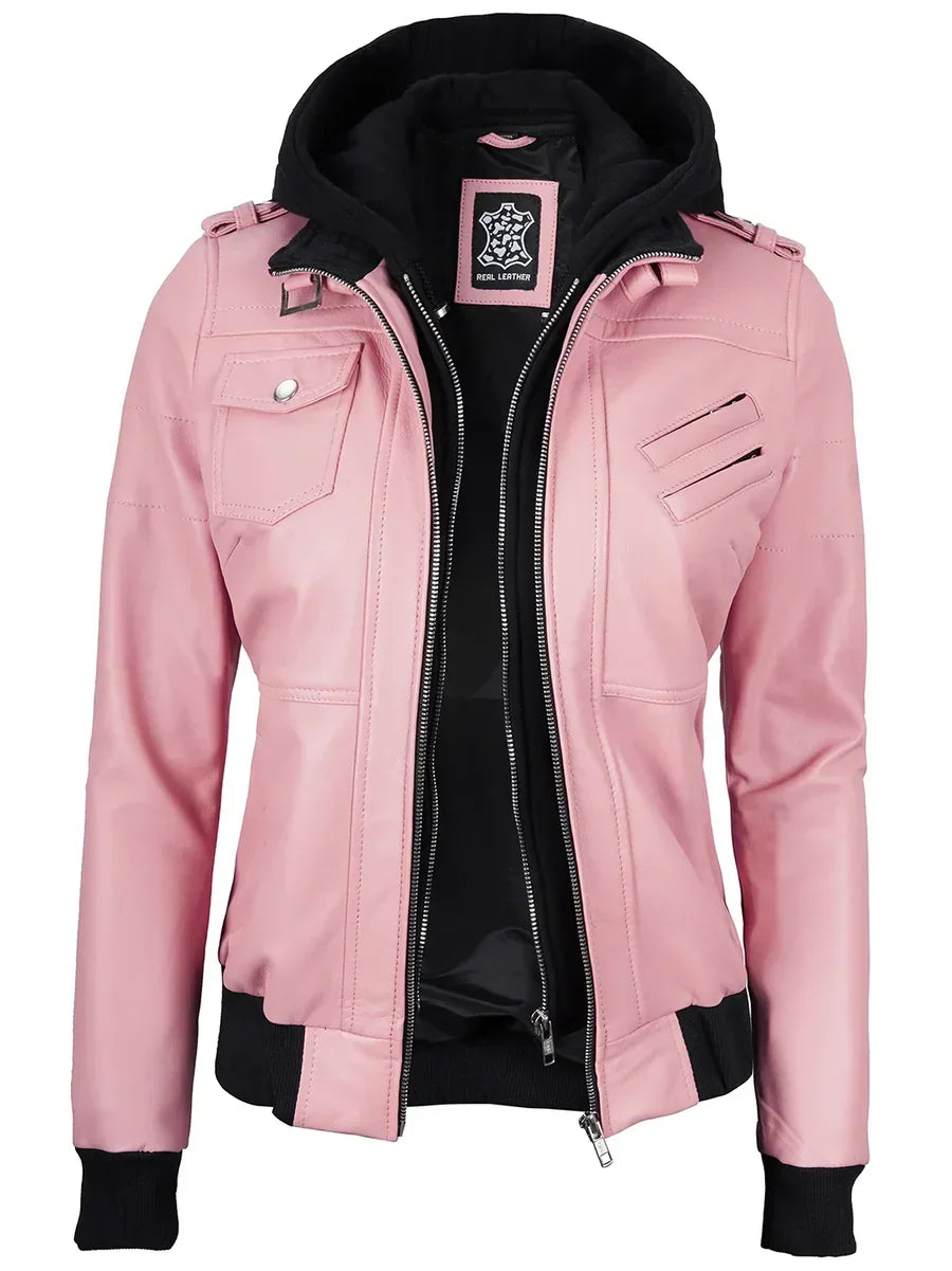 Women's Pink Leather Jacket with Detachable Hood