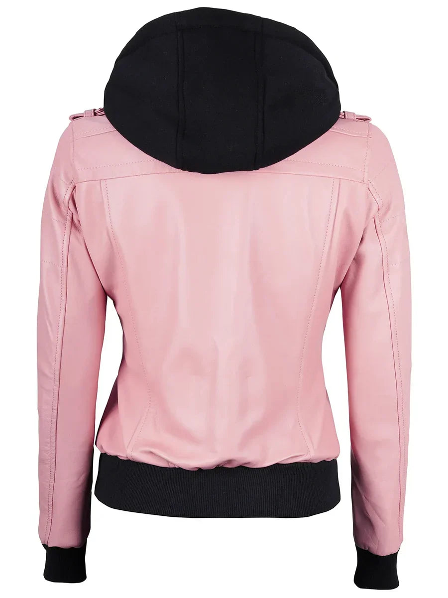 Women's Pink Leather Jacket with Detachable Hood