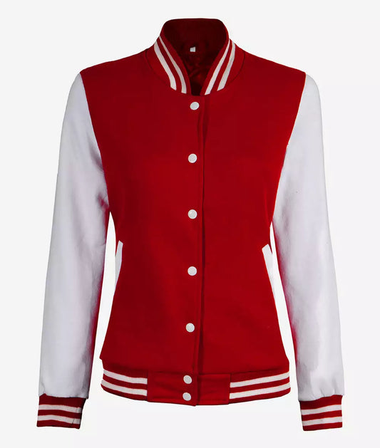 Women’s Red and White Sleeve Letterman Jacket – College Varsity Bomber