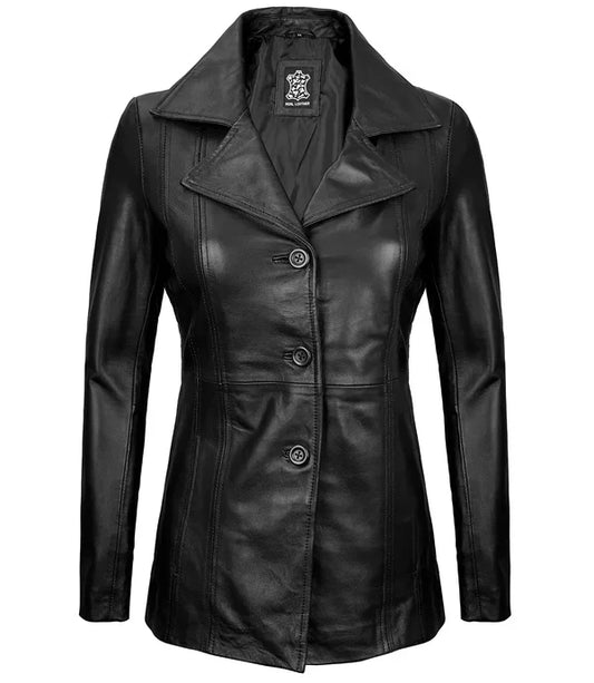 Women's Black Three-Button Leather Blazer