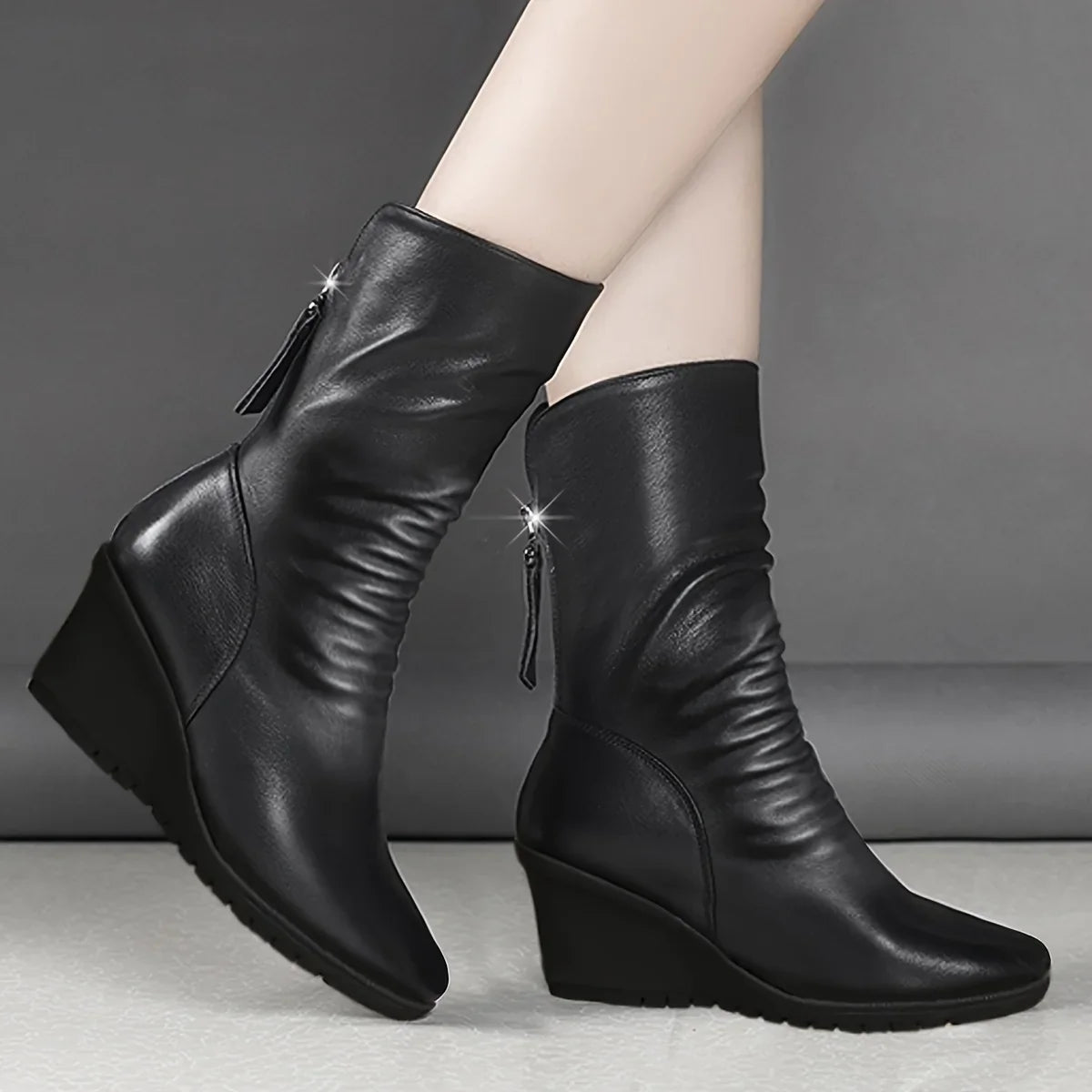 Boots For Women | Black Mid-Calf Wedge with Side Zip
