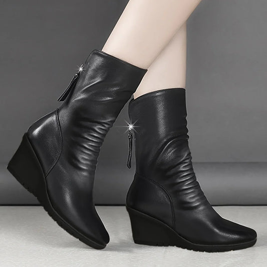 Boots For Women | Black Mid-Calf Wedge with Side Zip