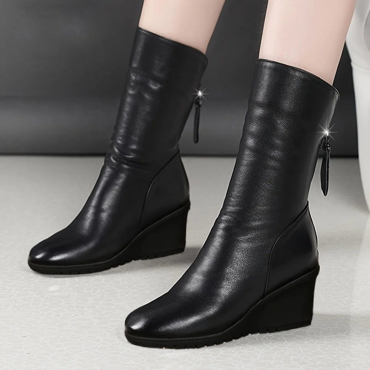 Boots For Women | Black Mid-Calf Wedge with Side Zip