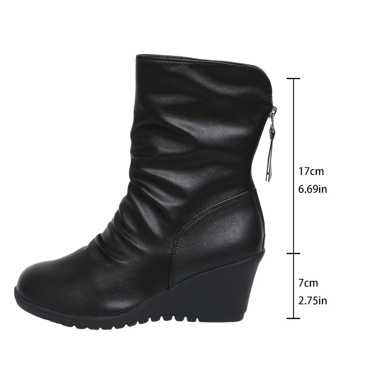Boots For Women | Black Mid-Calf Wedge with Side Zip