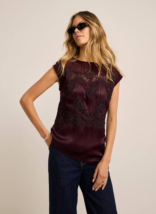 Burgundy Satin Top with Lace Detail