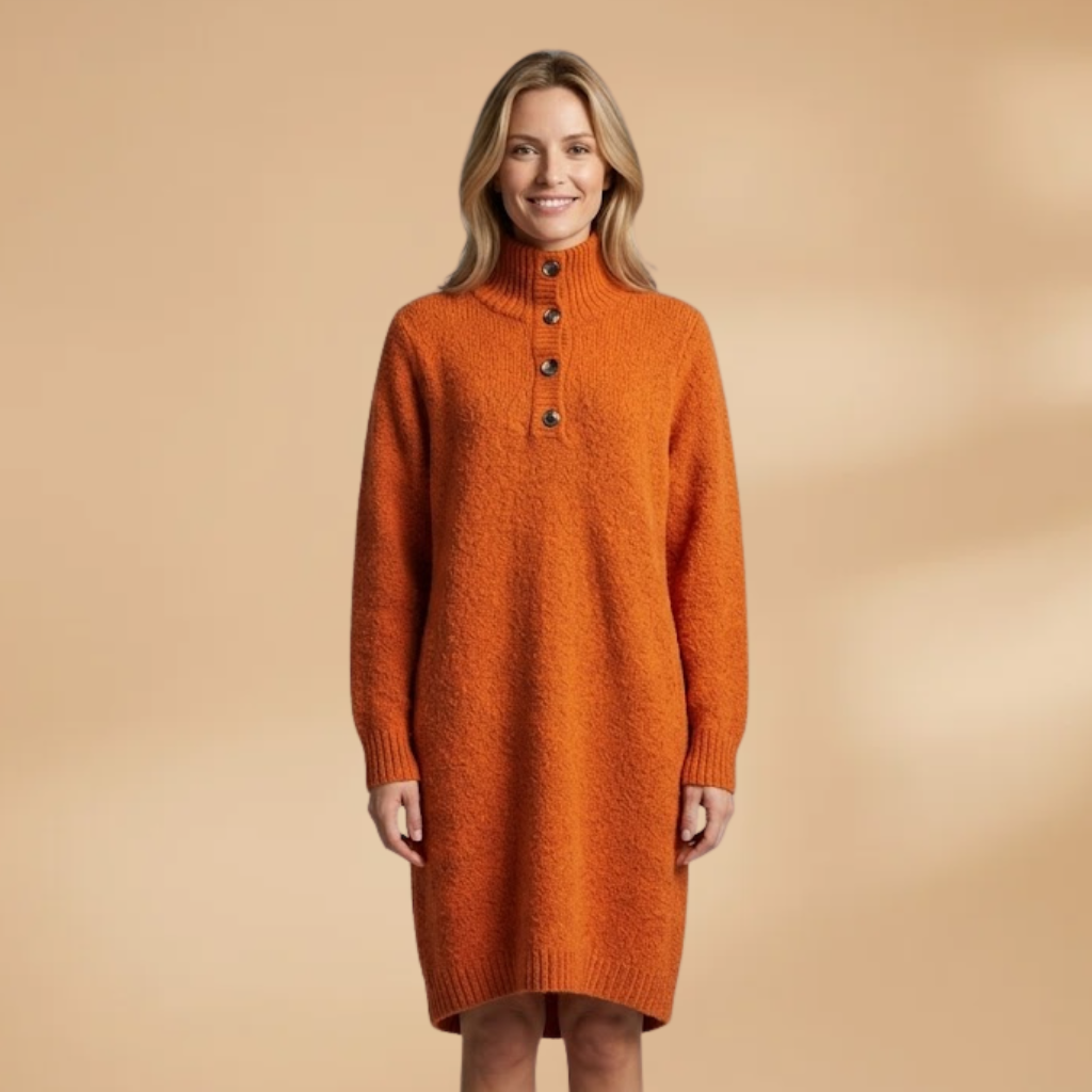 Midi Dress with Button Collar and Straight Cut for Women